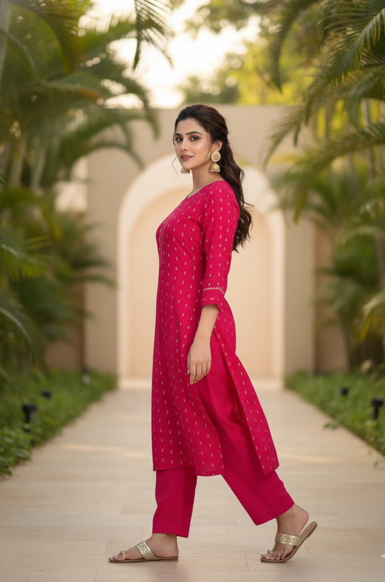 Golden Girl Combo Cotton Kurti Set Pink