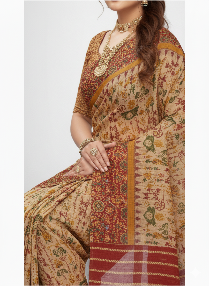 Sonajhuri Cotton Printed Saree Brown 14819