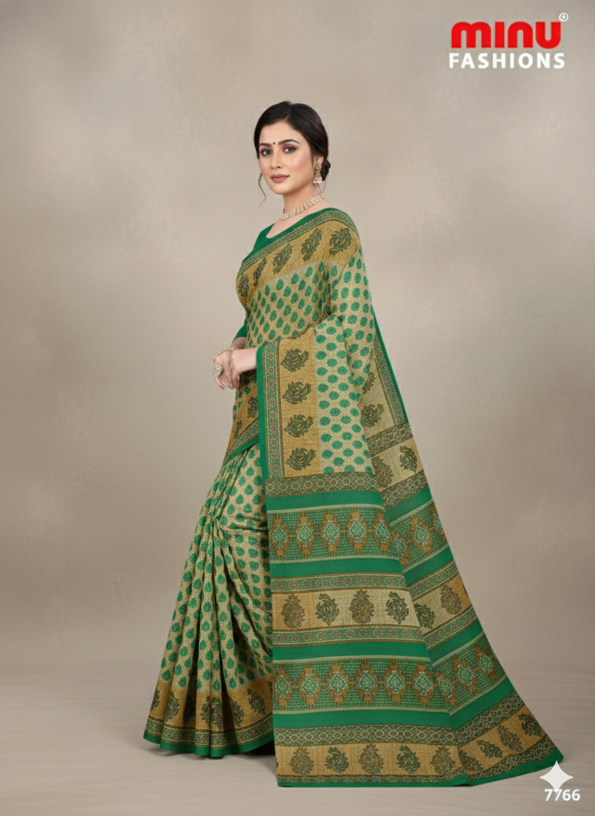 Malaika Cotton Printed Saree Green 7763