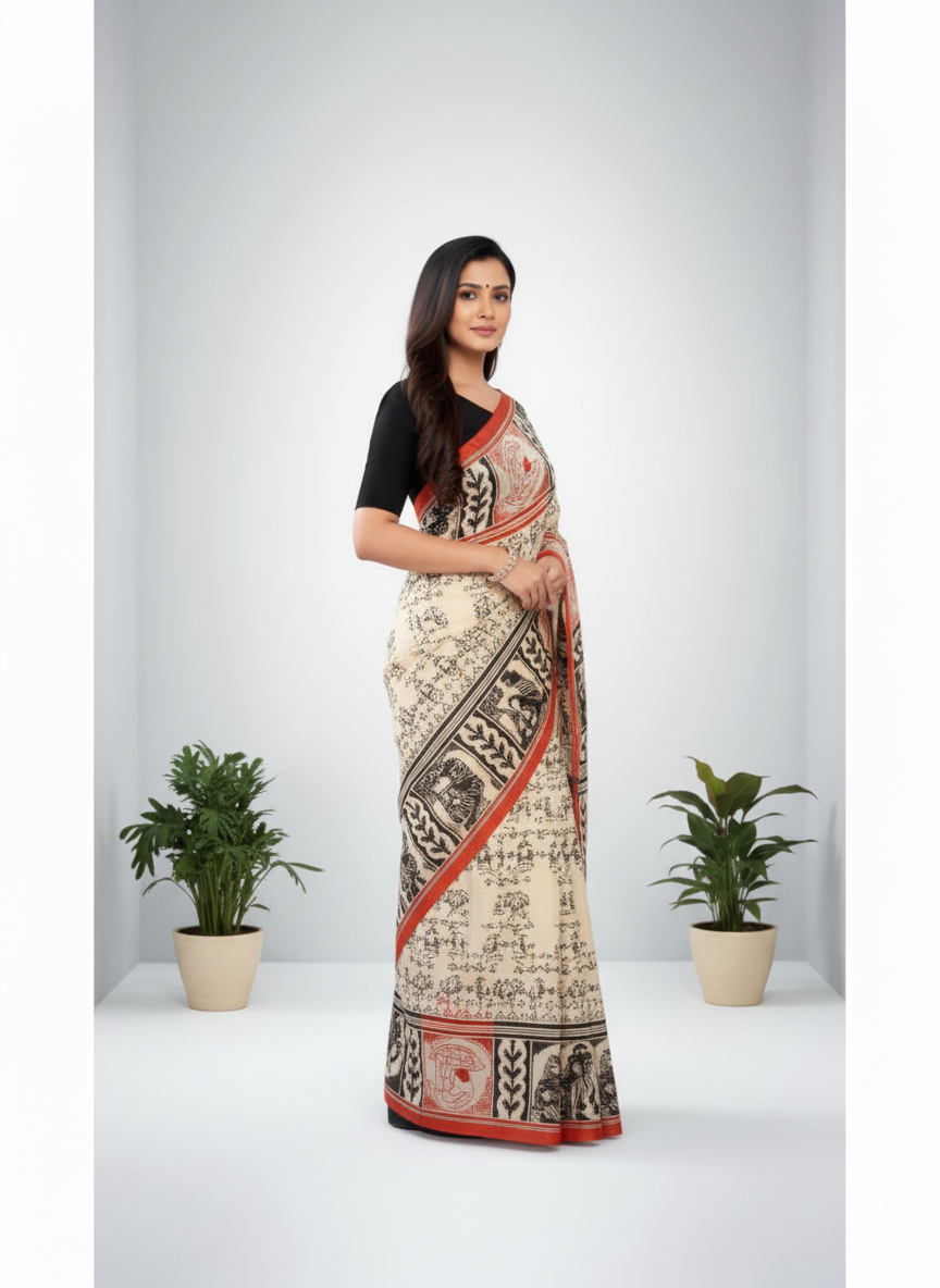 Srimoyee Cotton Printed Saree Off-White