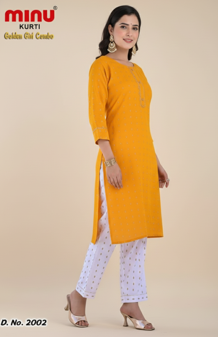 Golden Girl Combo Cotton Kurti Set Yellow