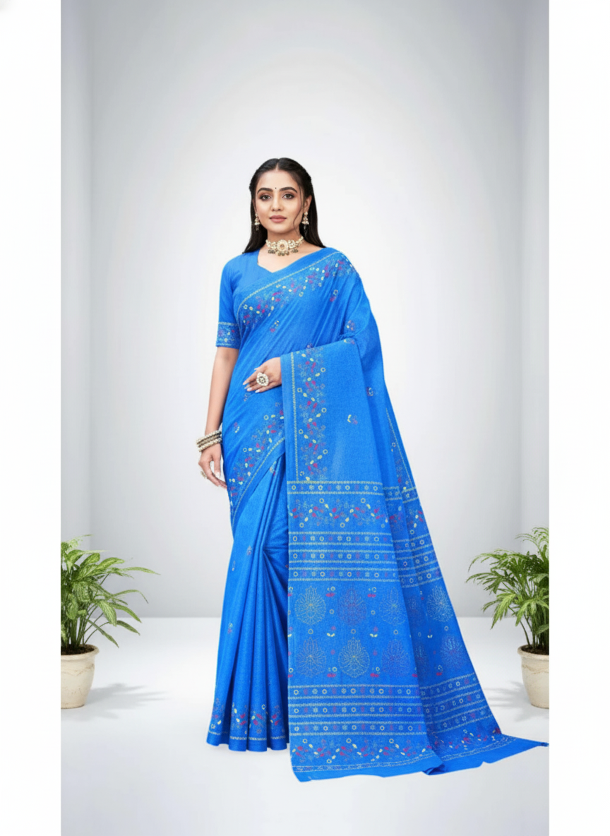 Public Demand Cotton Printed Saree Blue