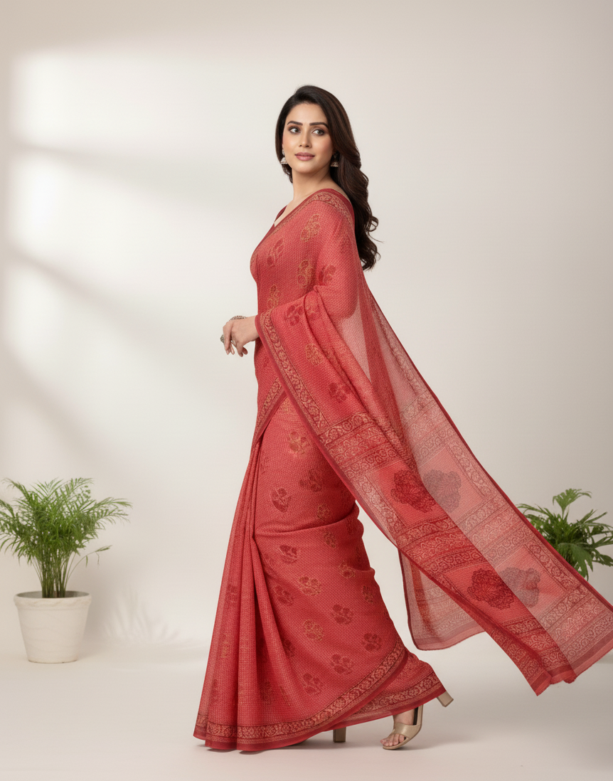 First Look Cotton Printed Saree Red
