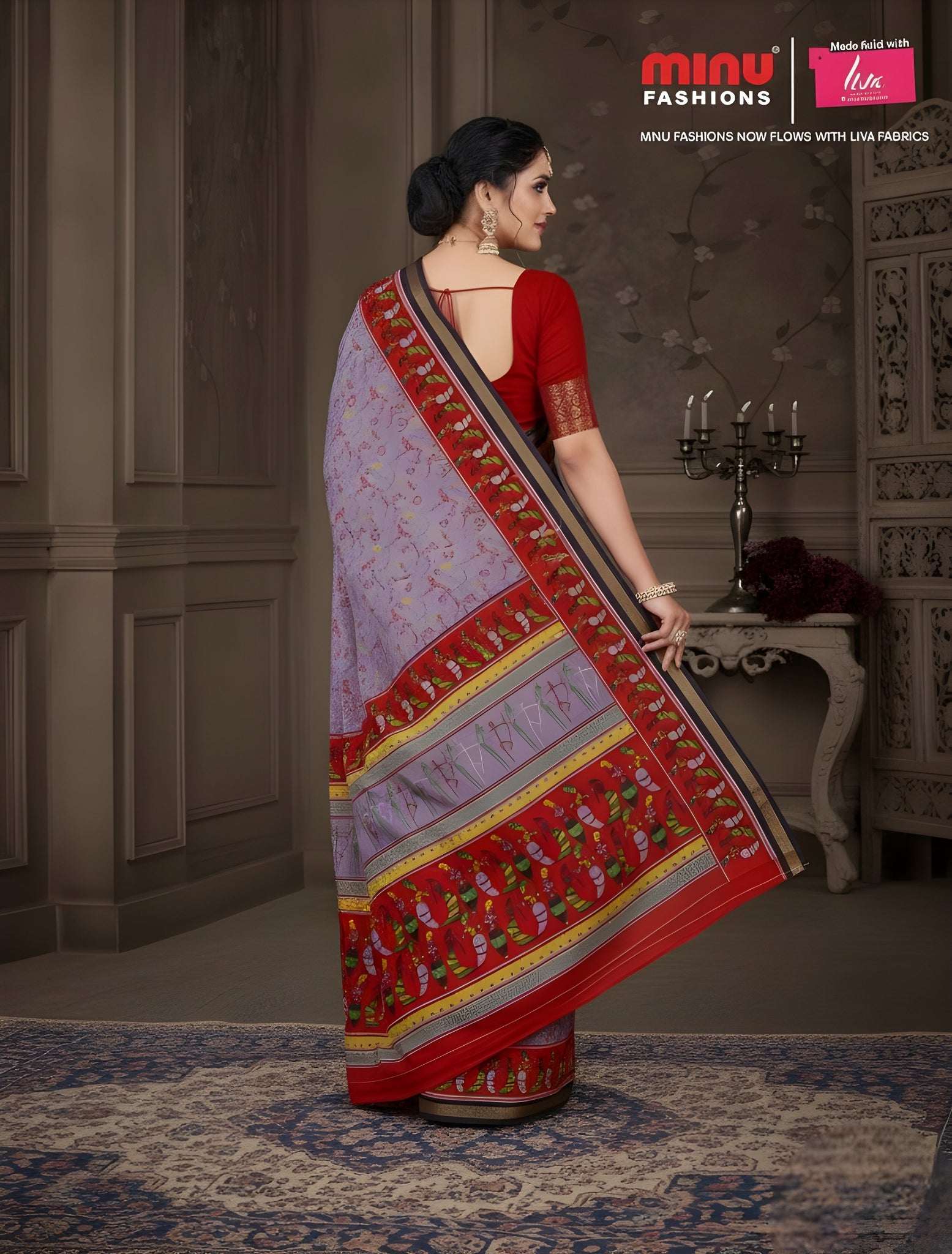 Kanishka Script Muslin Cotton Printed Saree Purple & Red