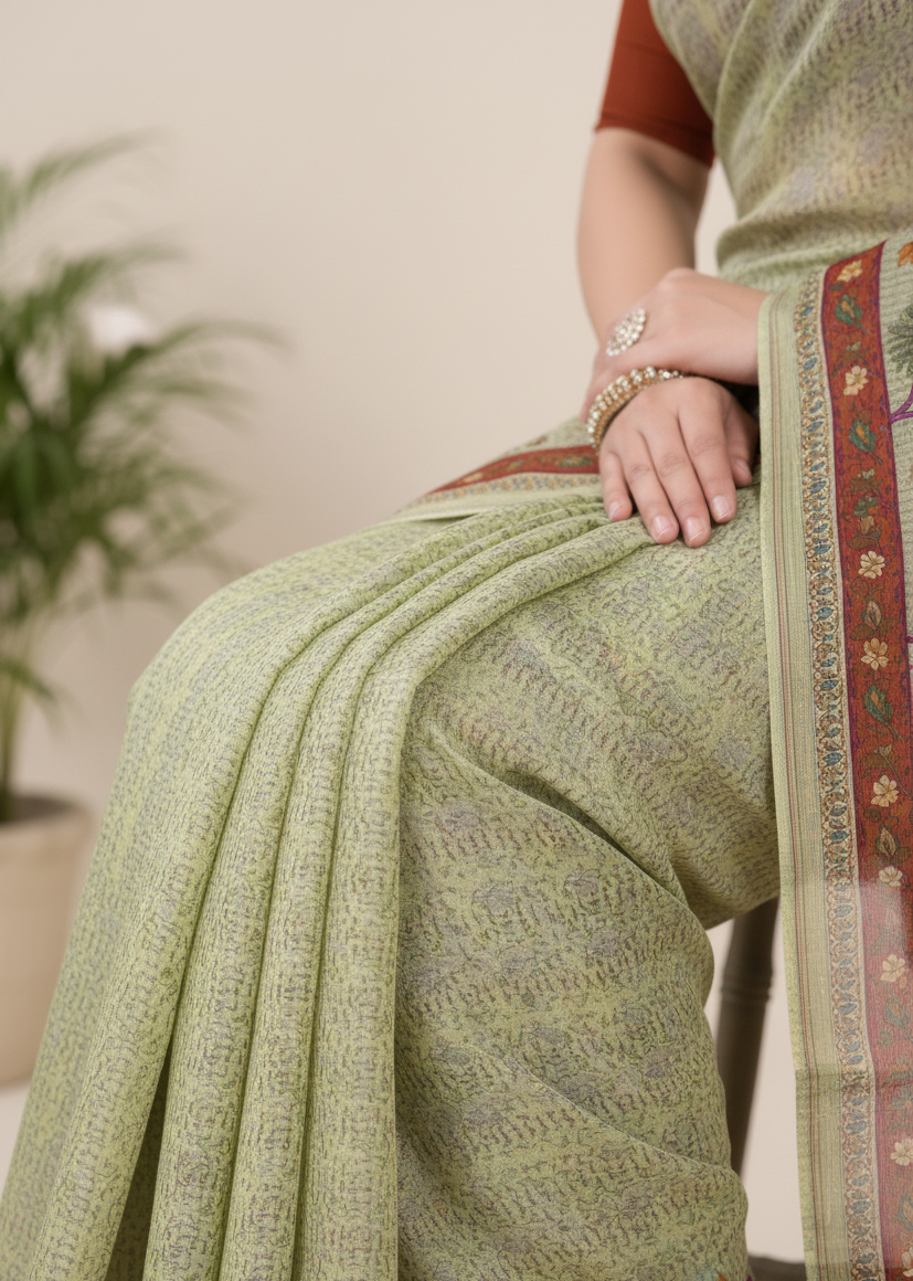 Dusty Beauty 3 Cotton Printed Saree Light Green 3931