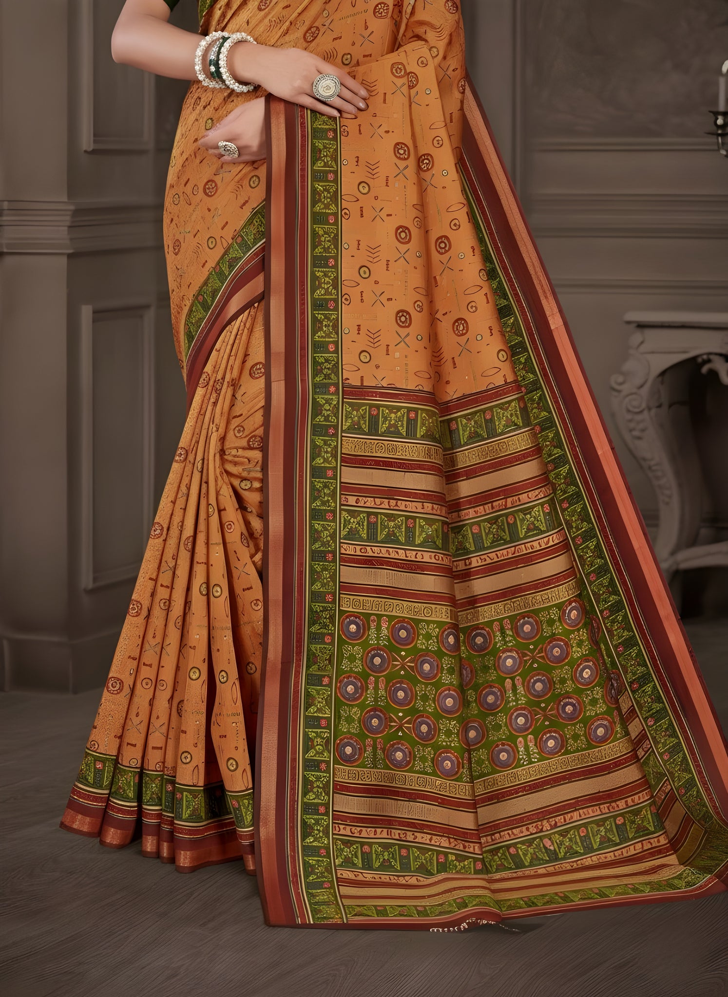 Kanishka Script Muslin Cotton Printed Saree Yellow & Green