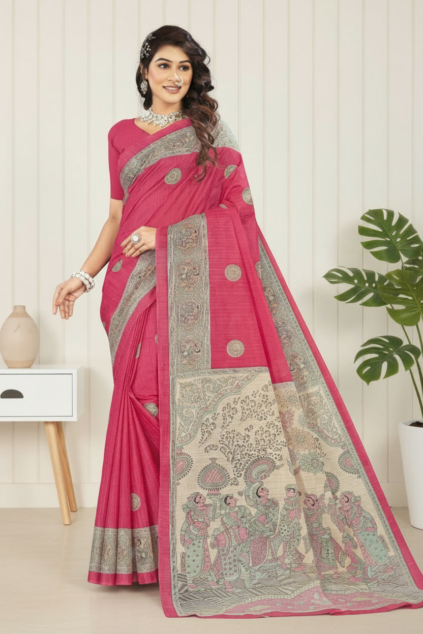 Premium Malai Cotton Madhubani Kantha Saree