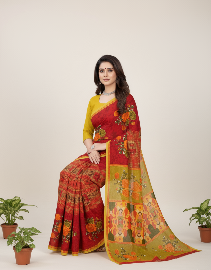 Sonar Bangla 31 Cotton Printed Saree Scarlet Red