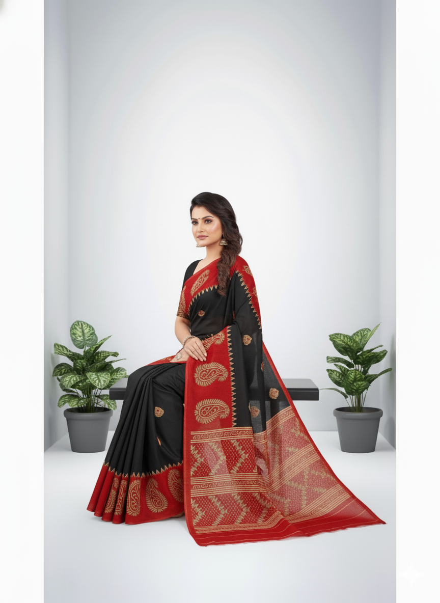 Kismish Cotton Printed Saree Black