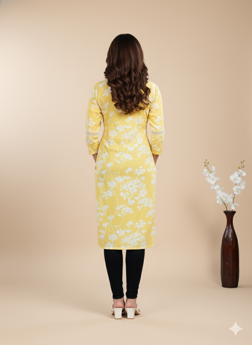 Pooja Cotton Printed Kurti Yellow