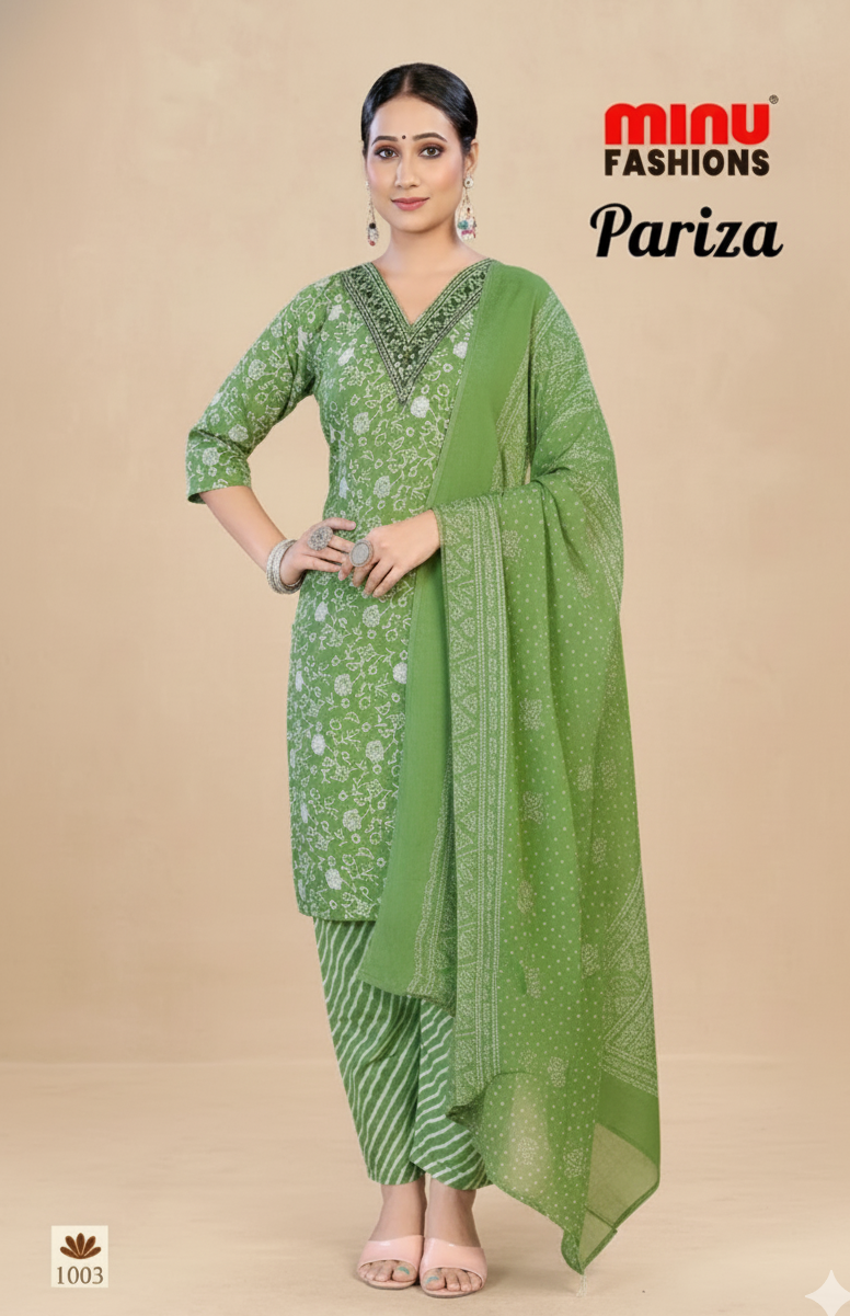 Pariza Cotton Printed Stitched Salwar Suit Green 1003