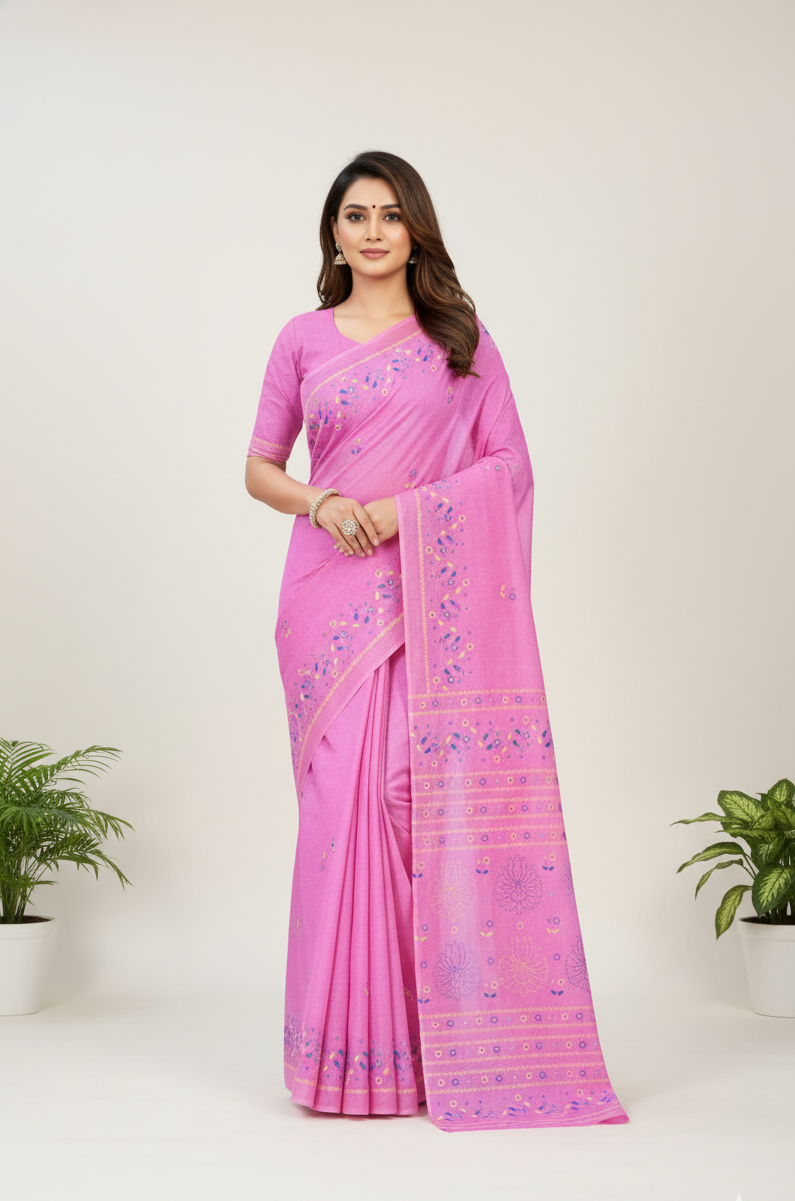 Public Demand Cotton Printed Saree Pink