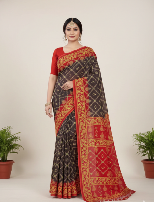 Ulta Chasma Cotton Printed Saree Black-Red