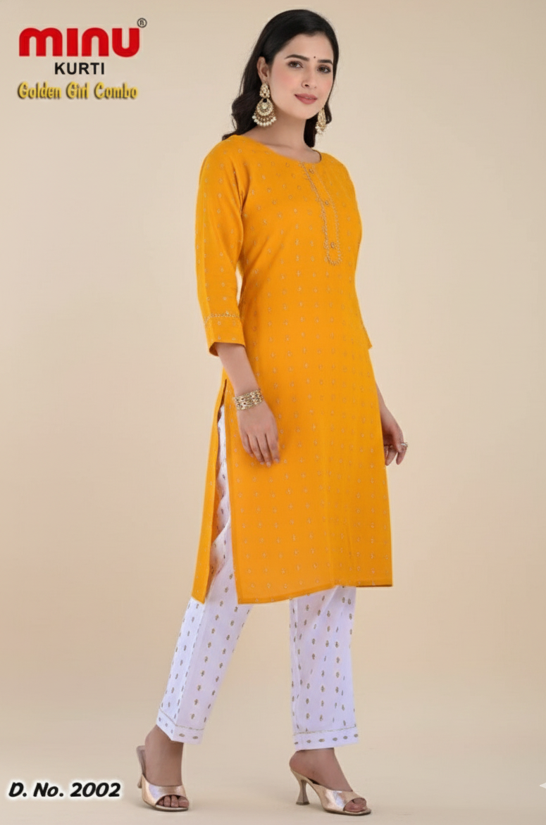Golden Girl Combo Cotton Kurti Set Yellow