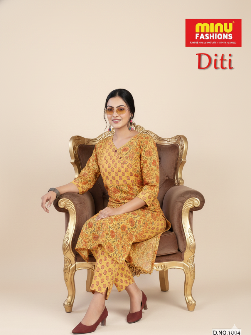 Diti Cotton Printed Kurti Set Yellow 1004