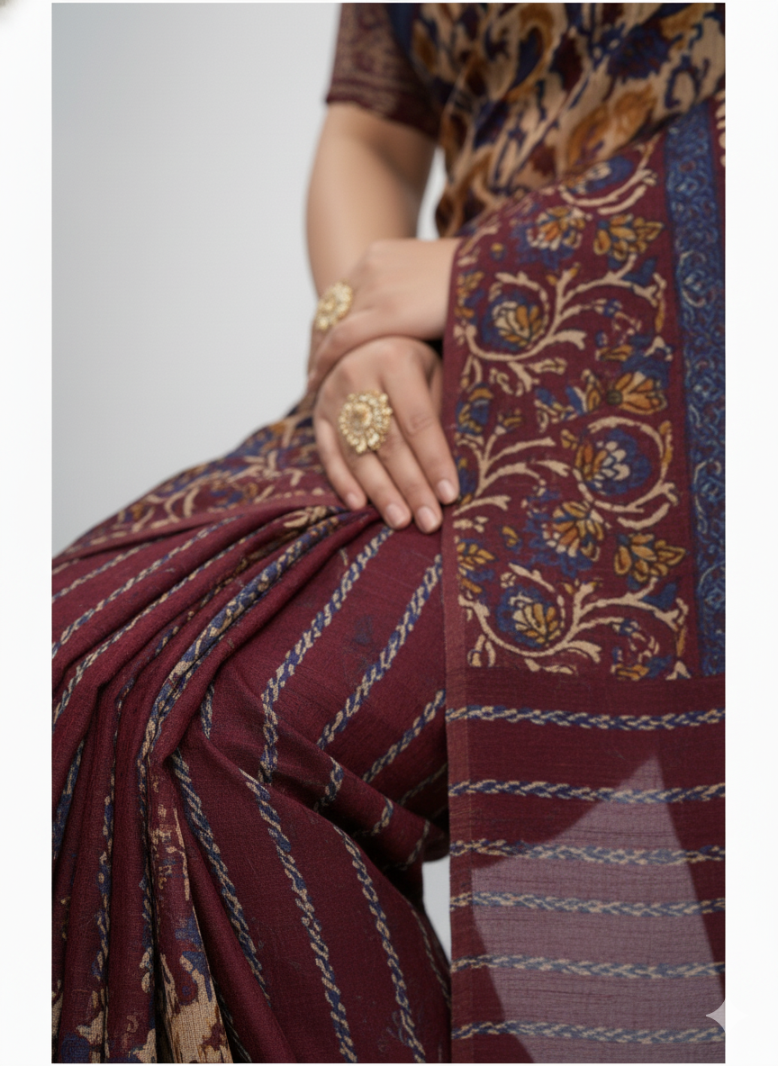 Sonajhuri Cotton Printed Saree Maroon 14817