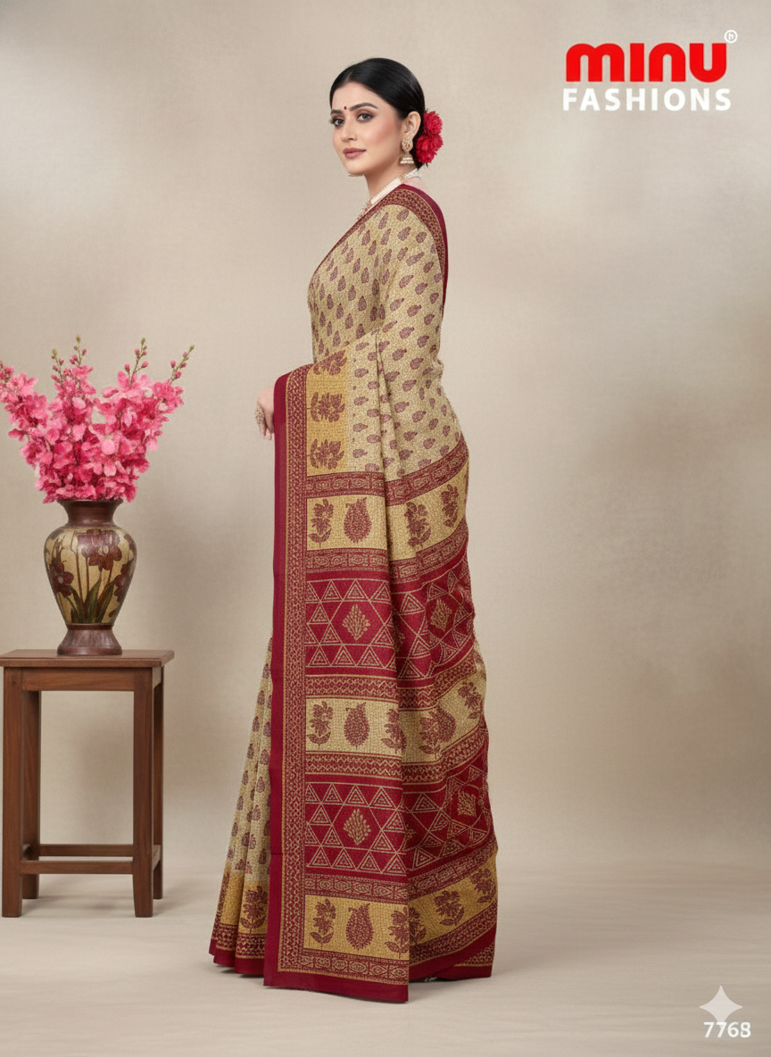Malaika Cotton Printed Saree Creme Red 7761