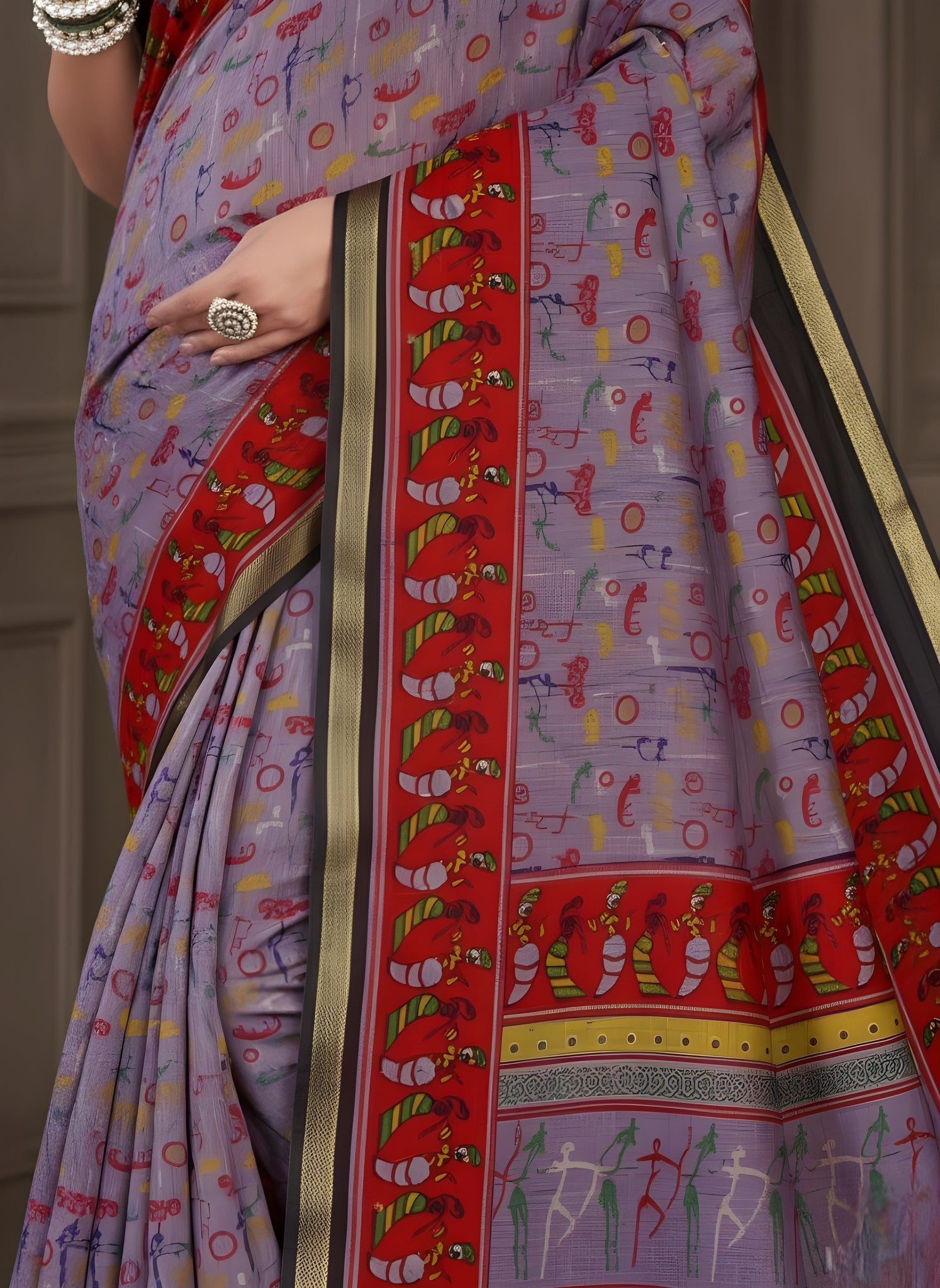 Kanishka Script Muslin Cotton Printed Saree Purple & Red