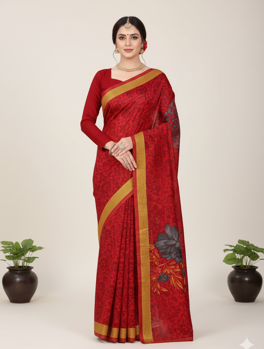 Sonar Bangla 31 Cotton Printed Saree Deep Maroon