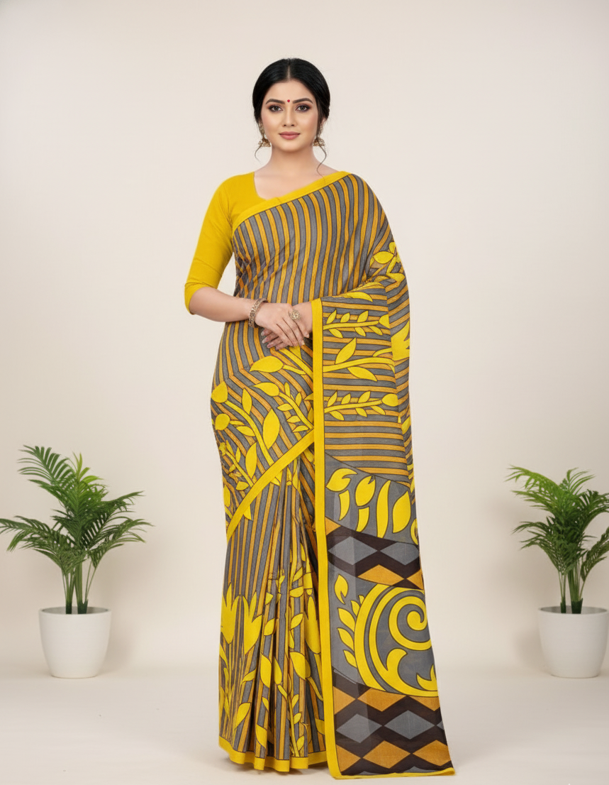 Sonar Bangla 31 Cotton Printed Saree Bright Yellow