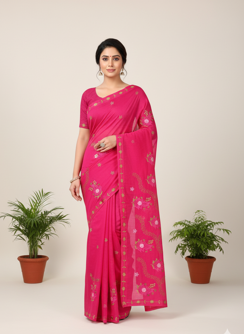 Sargam Pure Cotton Embroidery Saree 3300