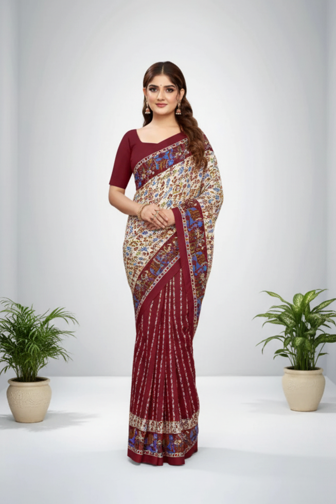Sonajhuri Cotton Printed Saree Maroon 14820