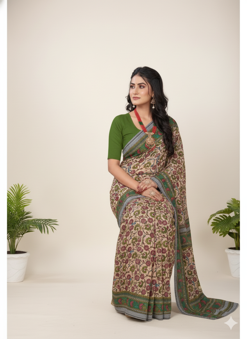 Minu Kalamkari Premium Cotton Printed Saree B3