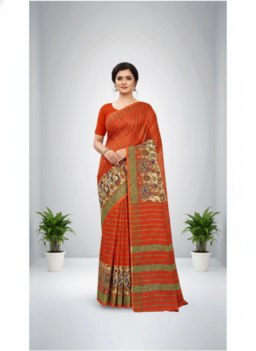 Sonajhuri Cotton Printed Saree Orange 14817