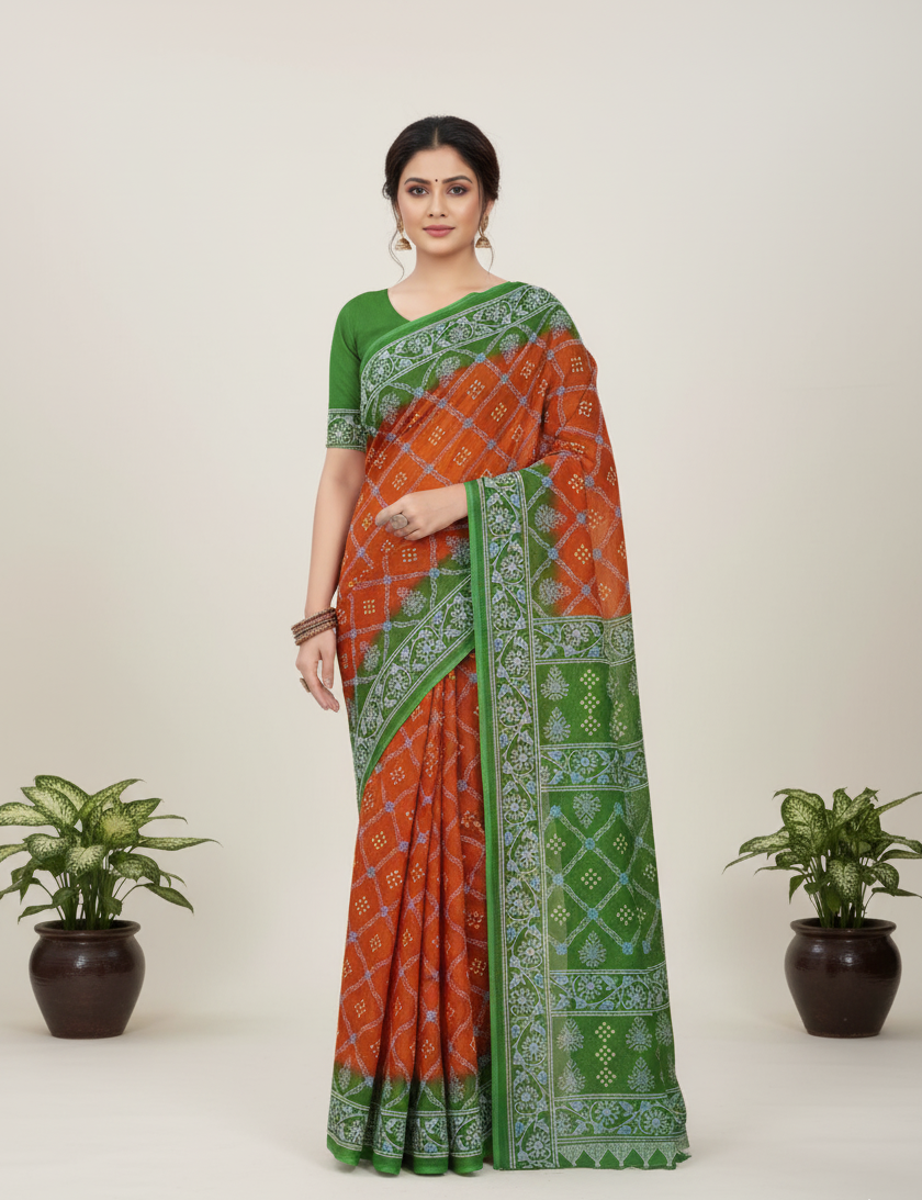 Ulta Chasma Cotton Printed Saree Orange-Green