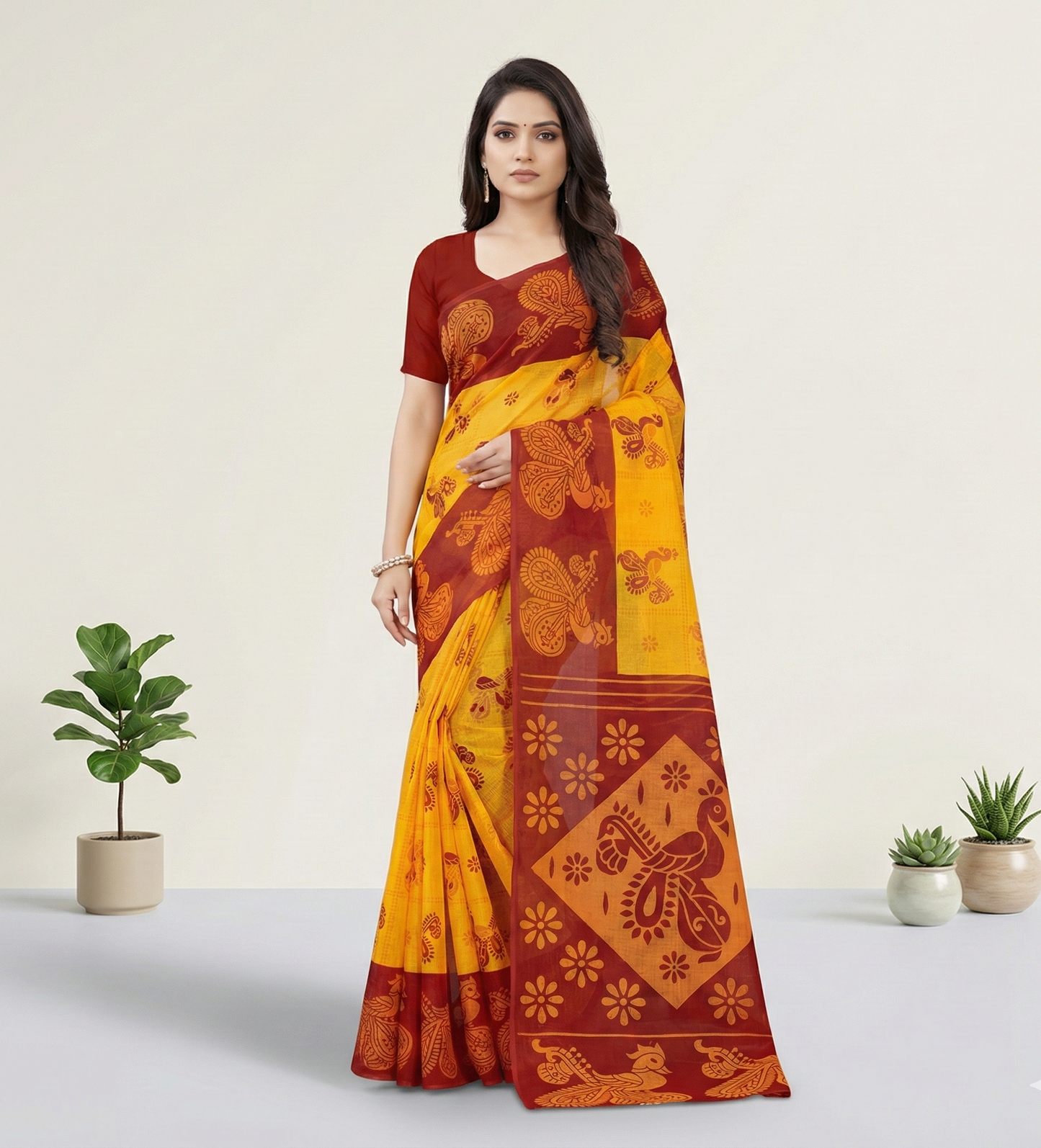 Monica Yellow & Red Traditional Cotton Saree