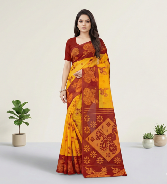 Monica Yellow & Red Traditional Cotton Saree
