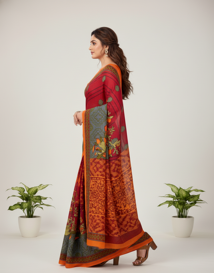 Sonar Bangla 31 Cotton Printed Saree Pomegranate Red