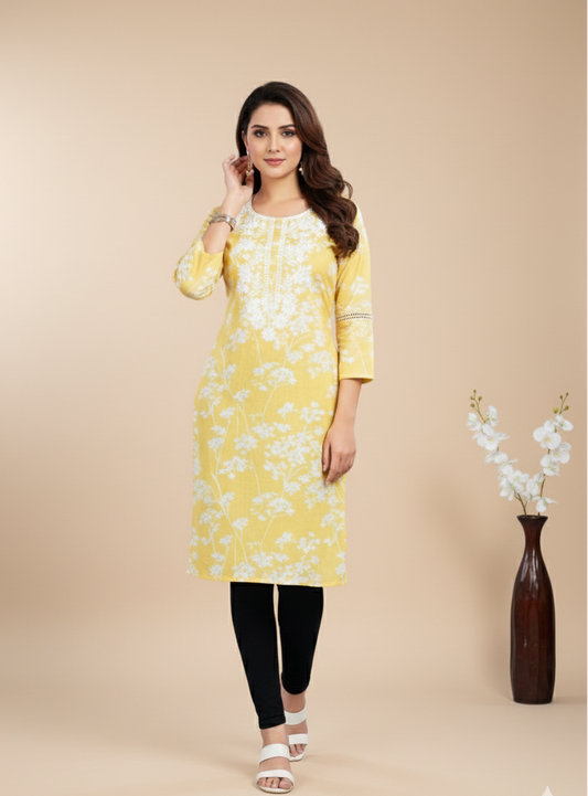 Pooja Cotton Printed Kurti Yellow