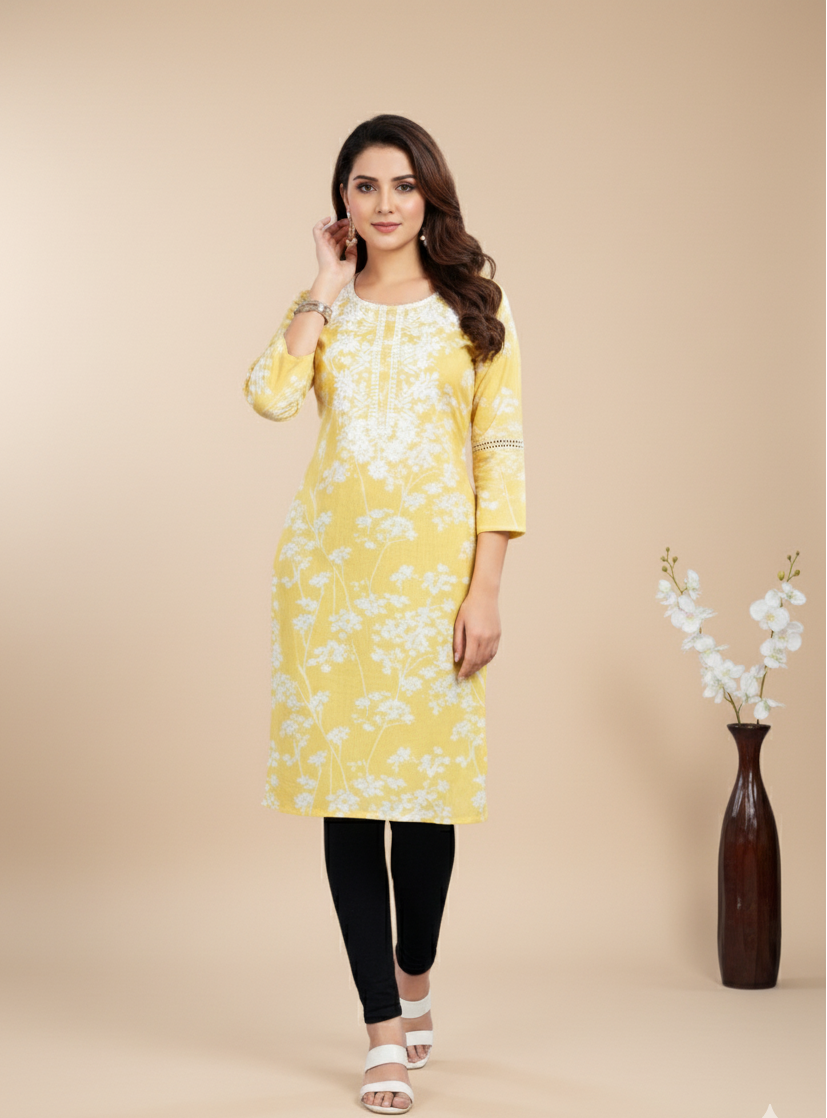 Pooja Cotton Printed Kurti Yellow