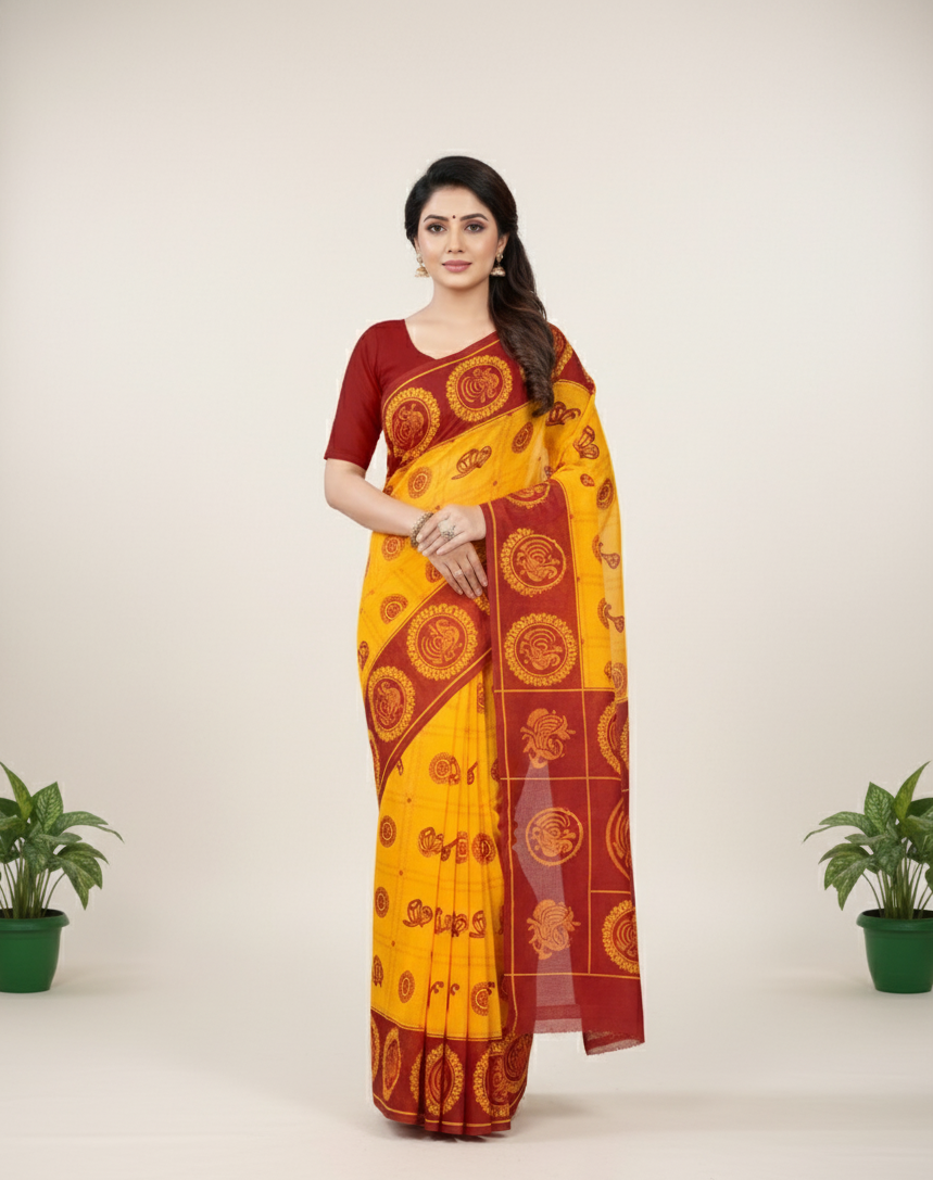 Monika Lemon Red Cotton Printed Saree 4060