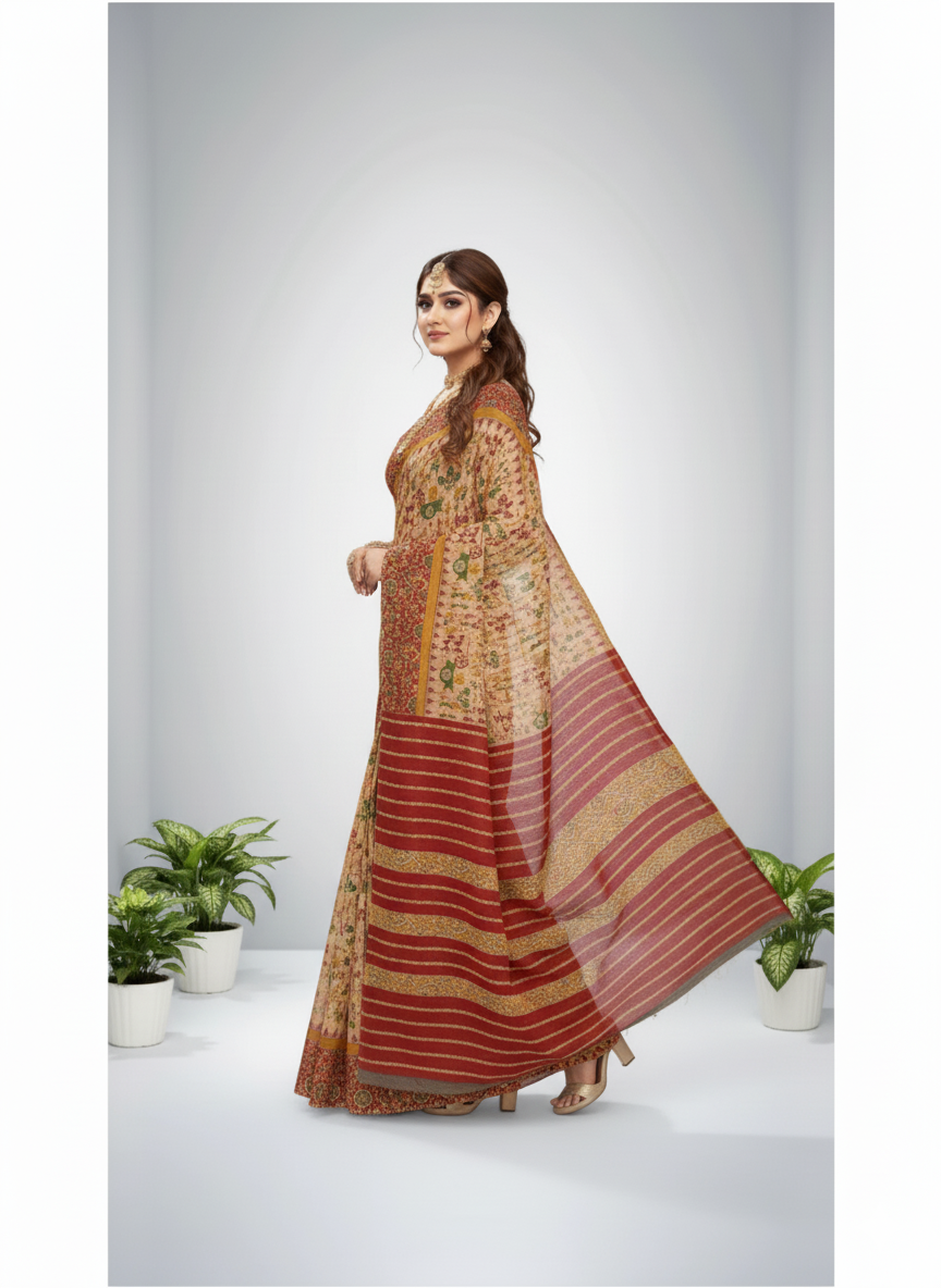 Sonajhuri Cotton Printed Saree Brown 14819