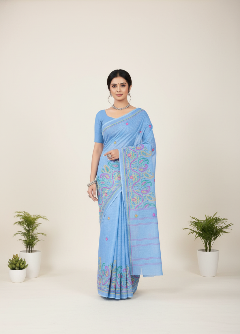 Mabesha Cotton Printed Saree Blue