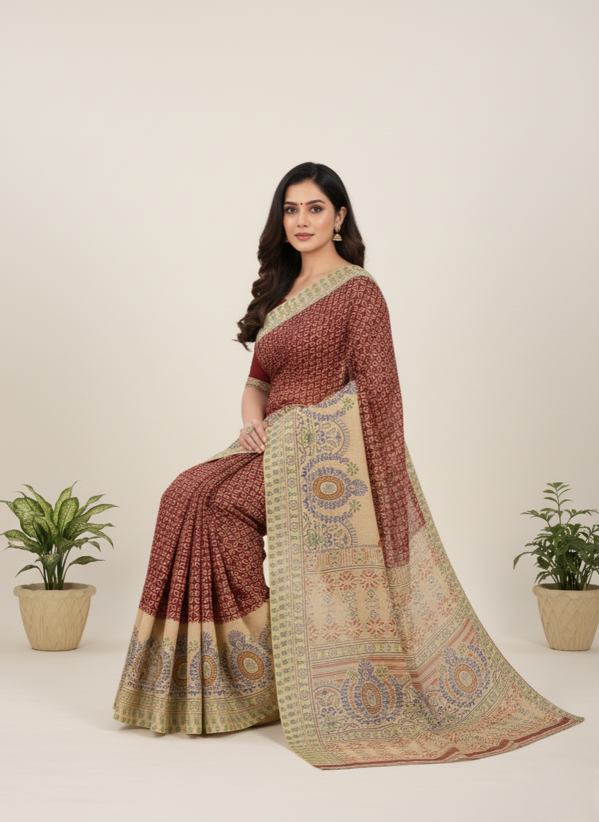 Unicorn Cotton Printed Saree Maroon