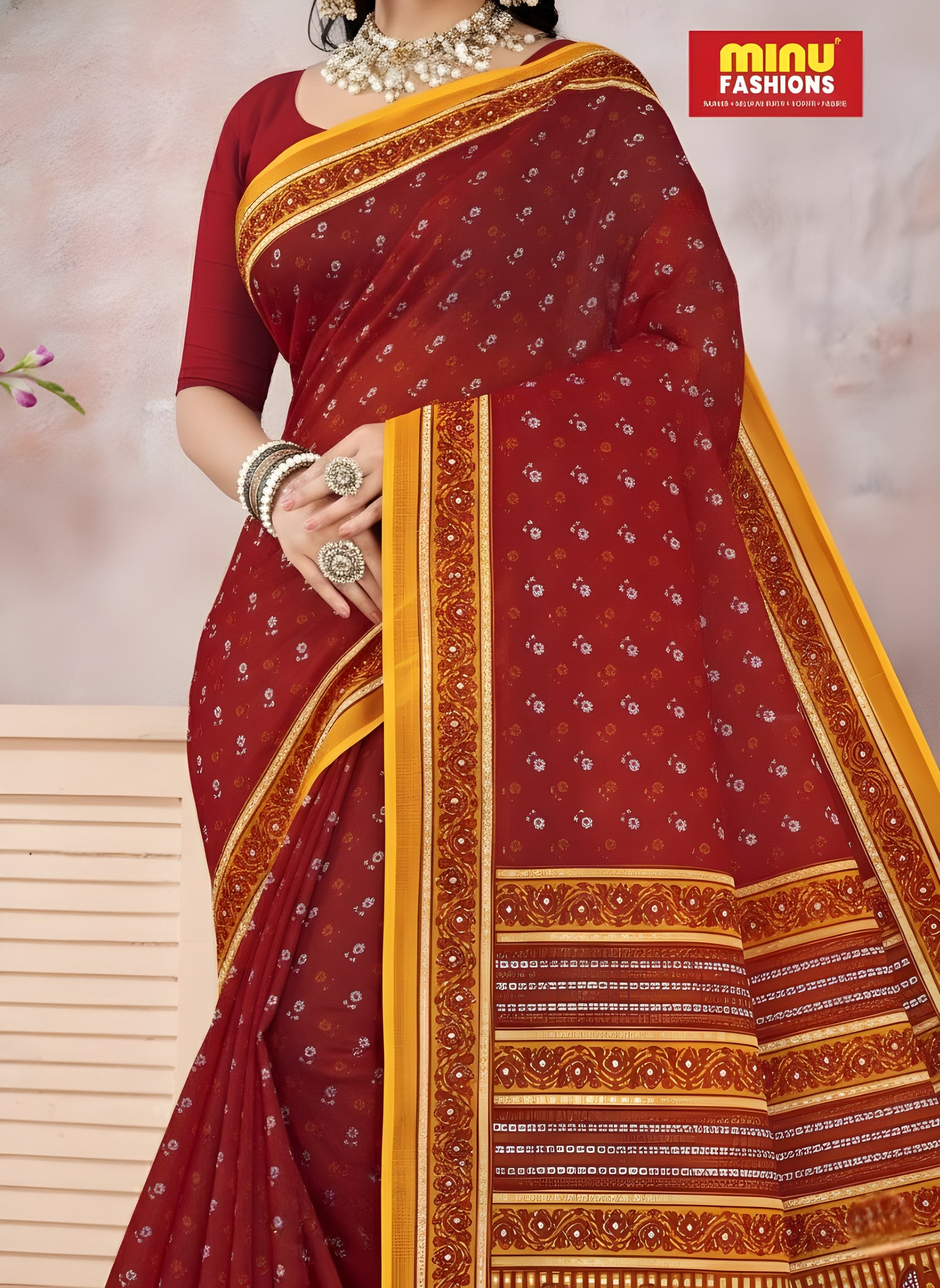 Monika V-1 Cotton Printed Saree Maroon 4073