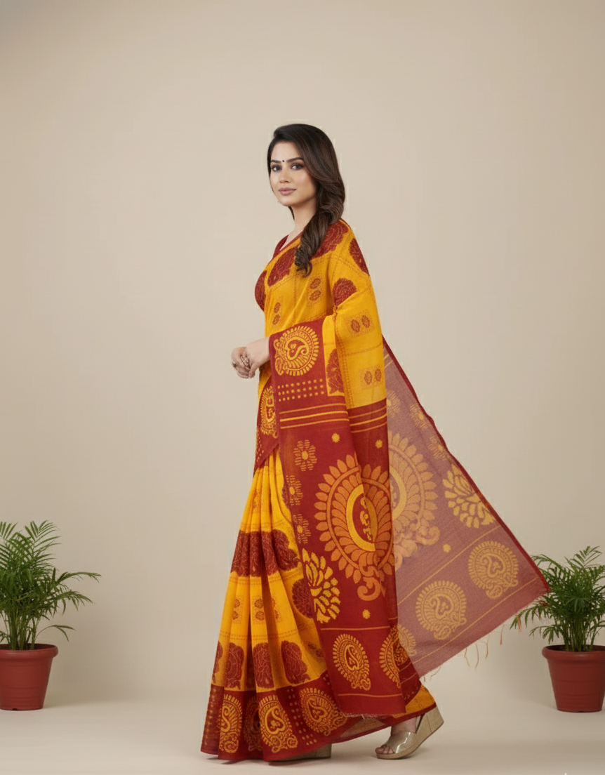 Monika Lemon Red Cotton Printed Saree 4058