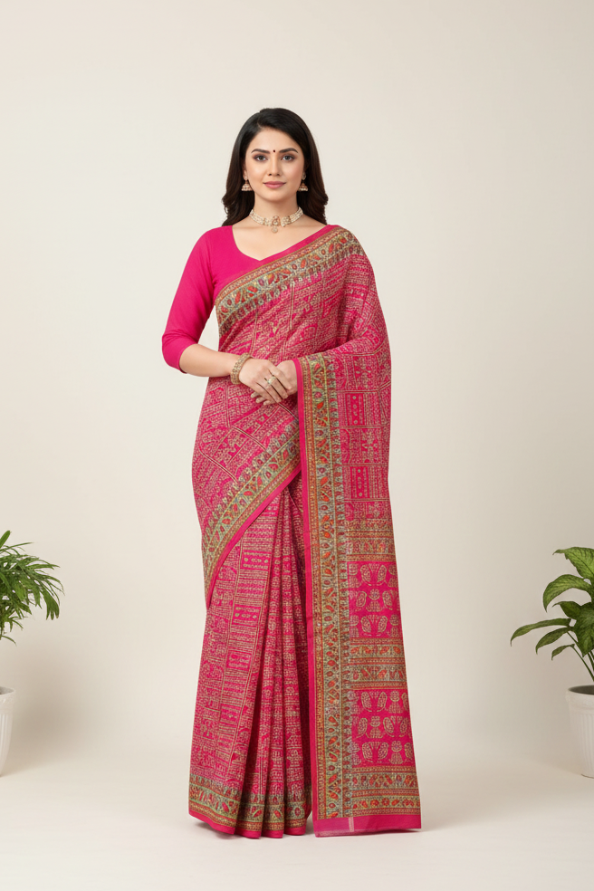 Howrah Haat Cotton Printed Saree Pink 2474