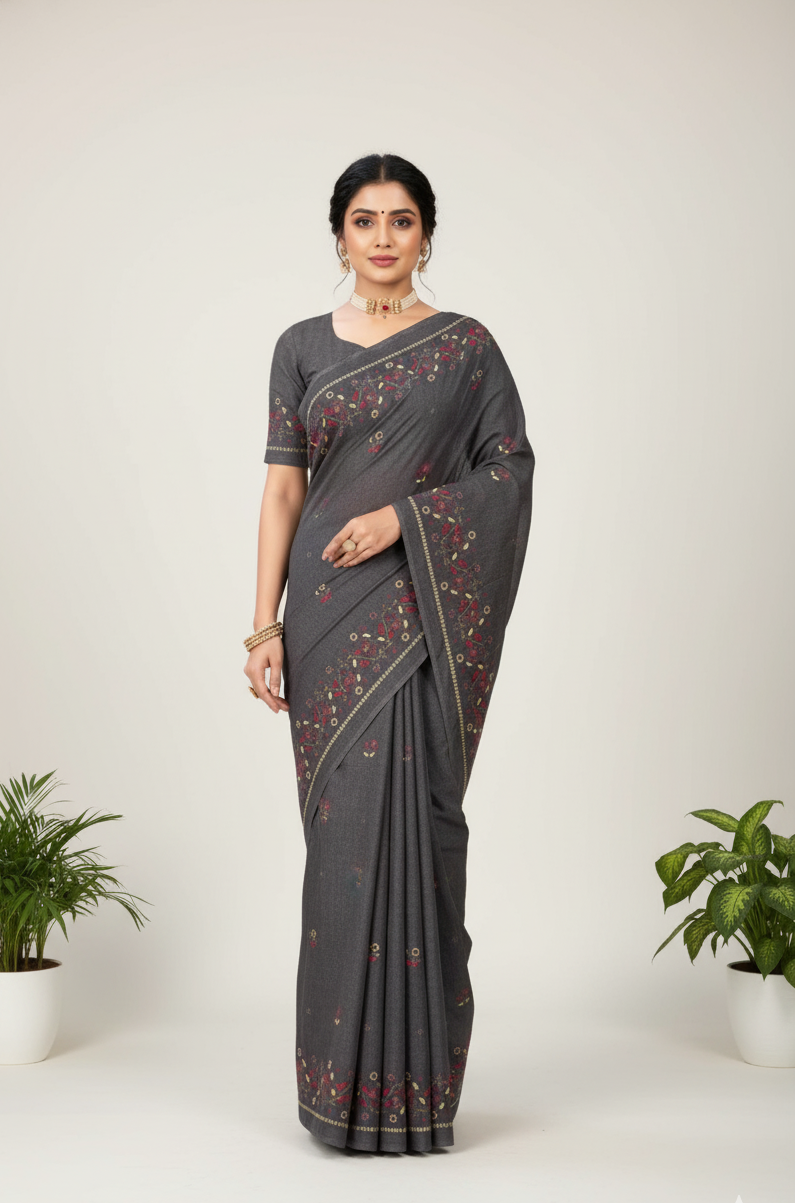 Public Demand Cotton Printed Saree Grey