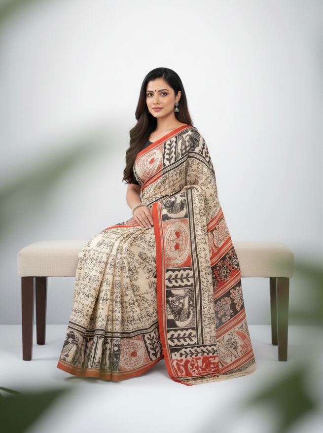 Srimoyee Cotton Printed Saree Off-White