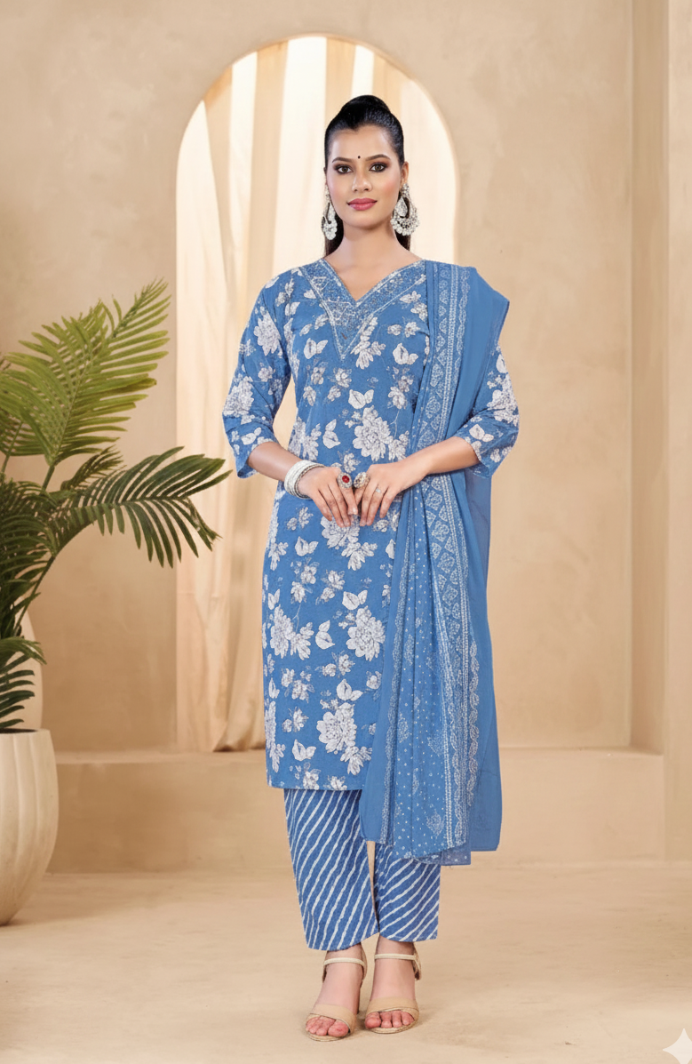Pariza Cotton Printed Stitched Salwar Suit Blue 1005