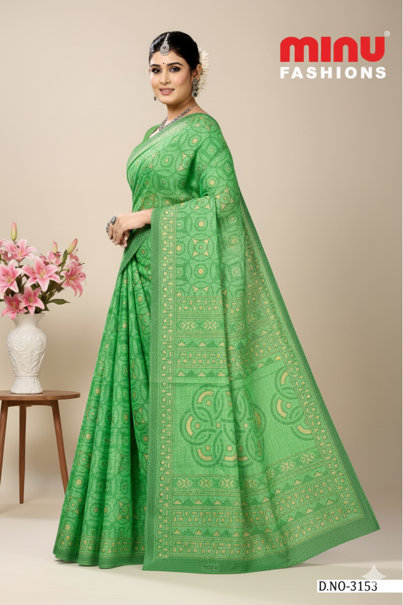 Daisy 2 Cotton Printed Saree Green 3153
