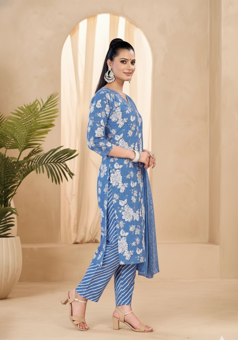 Pariza Cotton Printed Stitched Salwar Suit Blue 1005