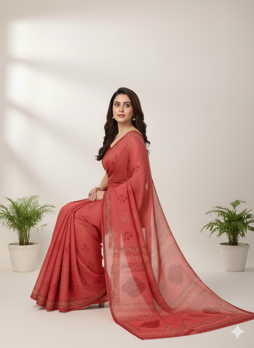 First Look Cotton Printed Saree Red