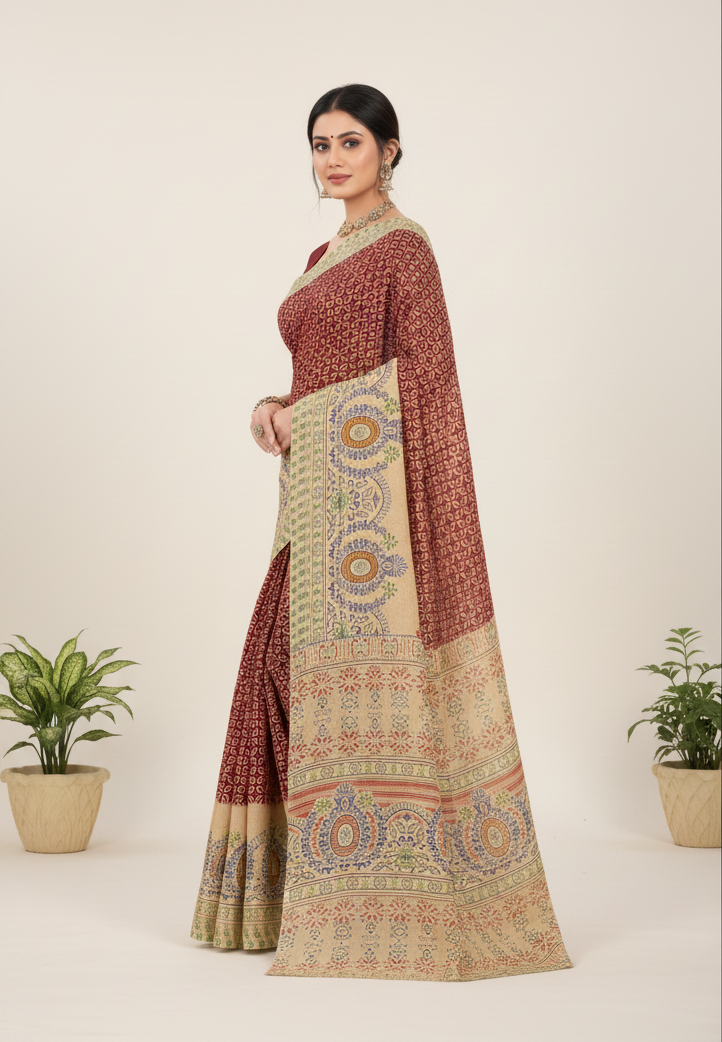 Unicorn Cotton Printed Saree Maroon