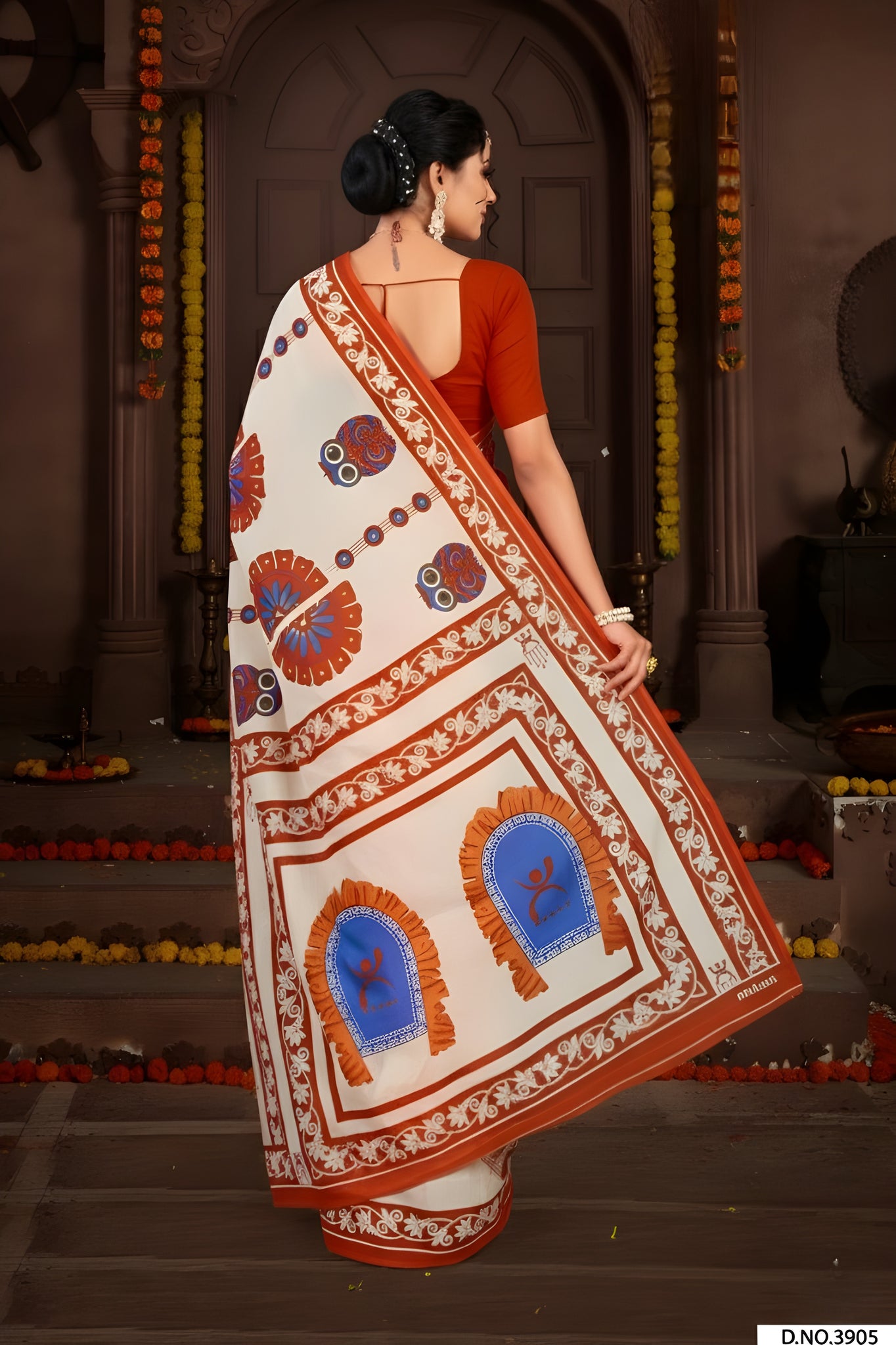 Baishakhi 3 Malai Cotton Printed Saree Orange & Blue 3905