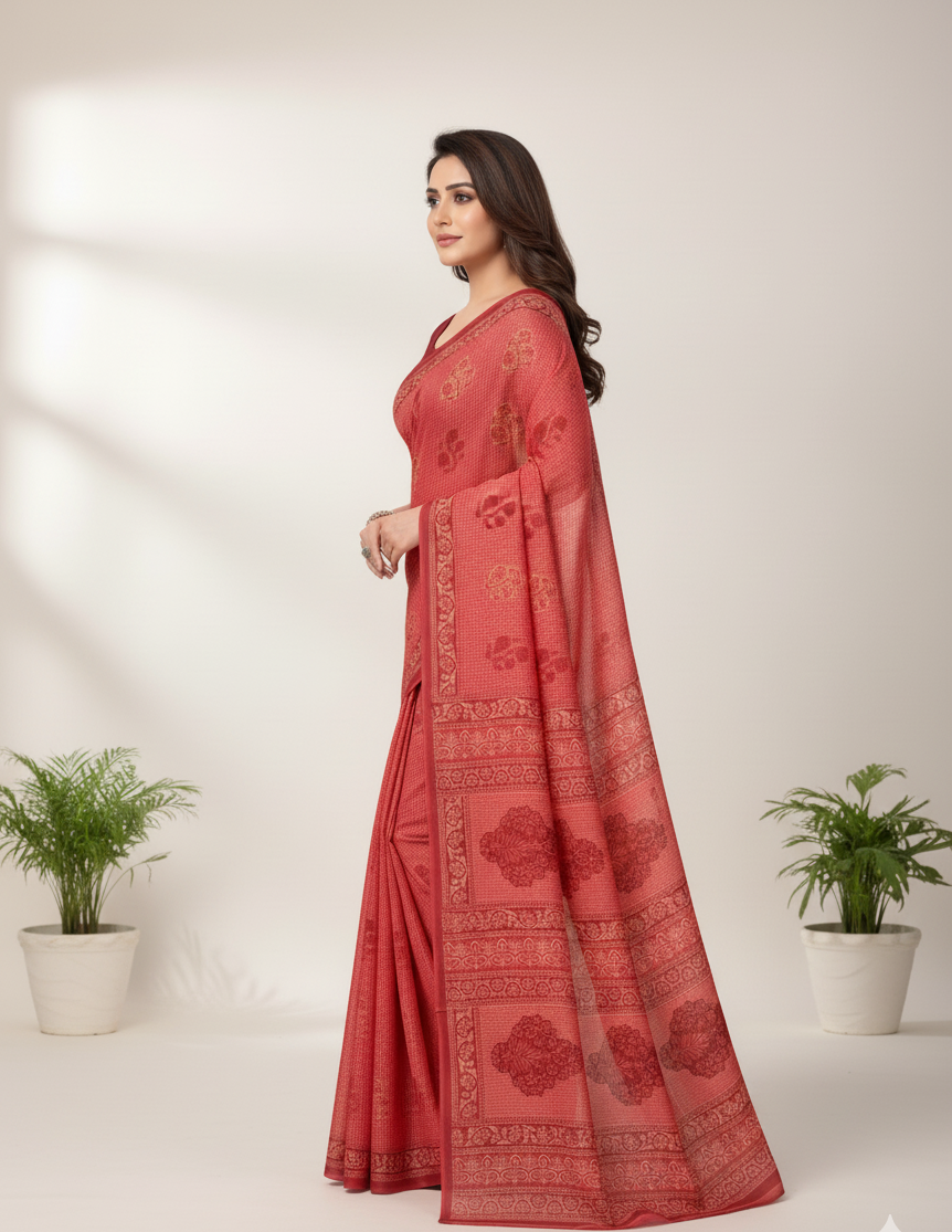 First Look Cotton Printed Saree Red